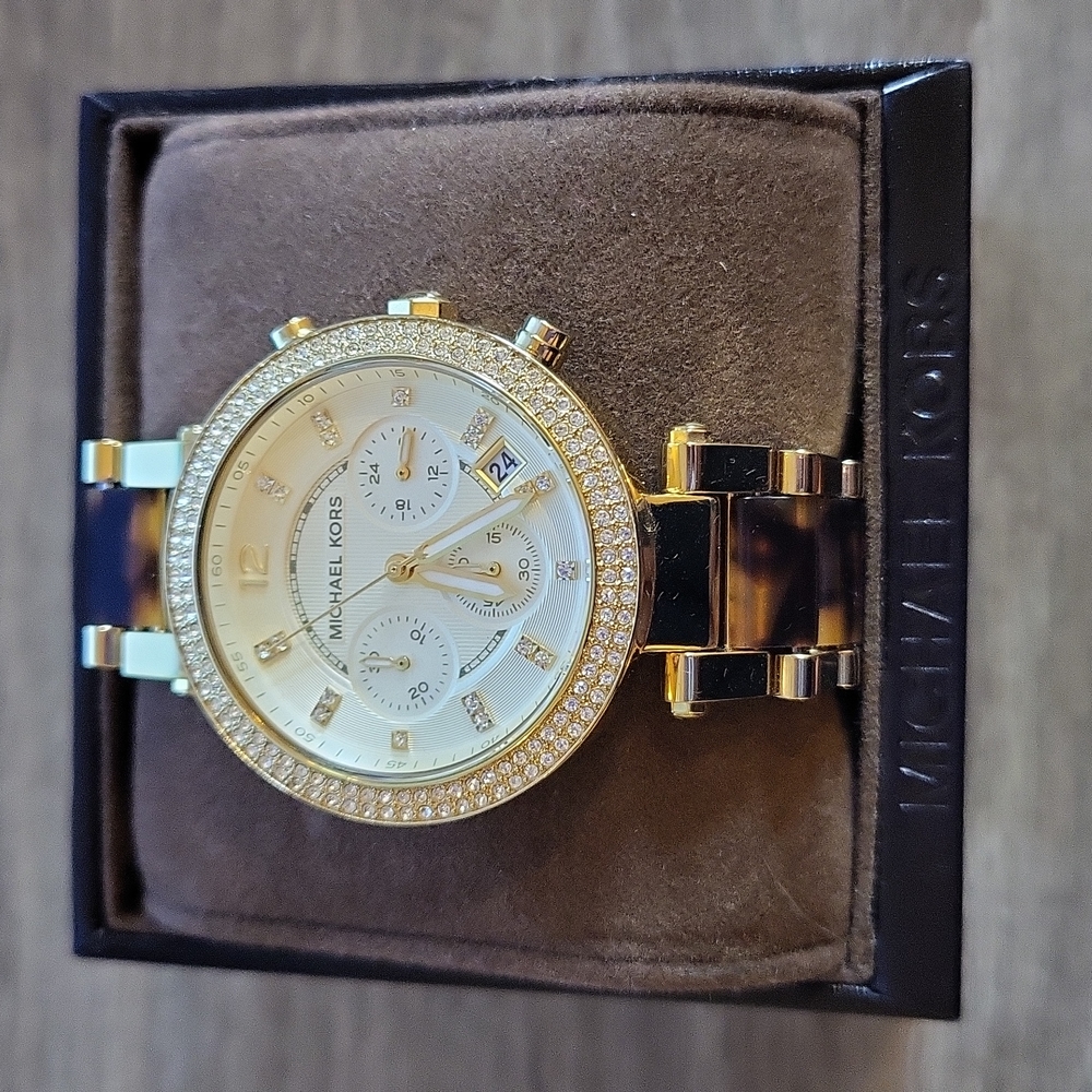 Michael Kors gold crystal embellished watch tortoise band